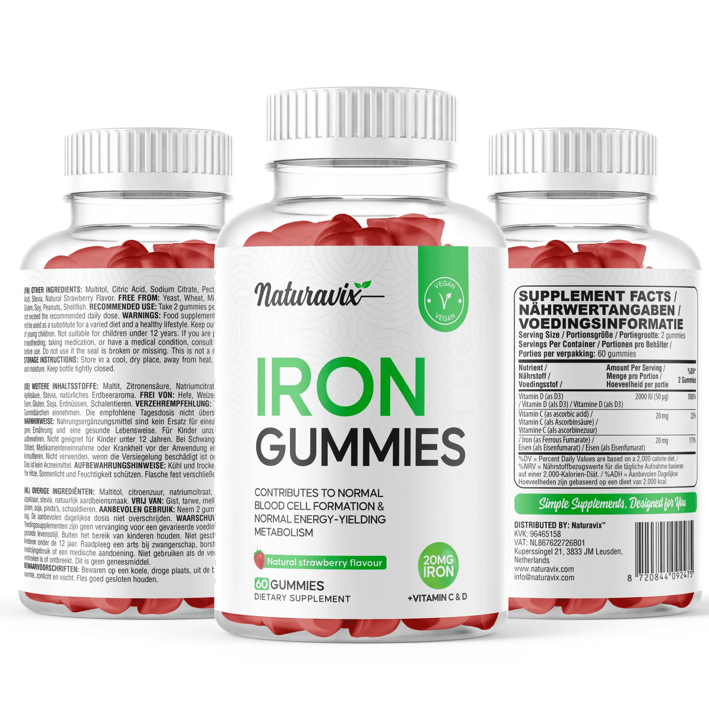 Naturavix™ Iron Gummies – 20mg Elemental Iron per Serving – Vegan – 60 Gummies Naturavix