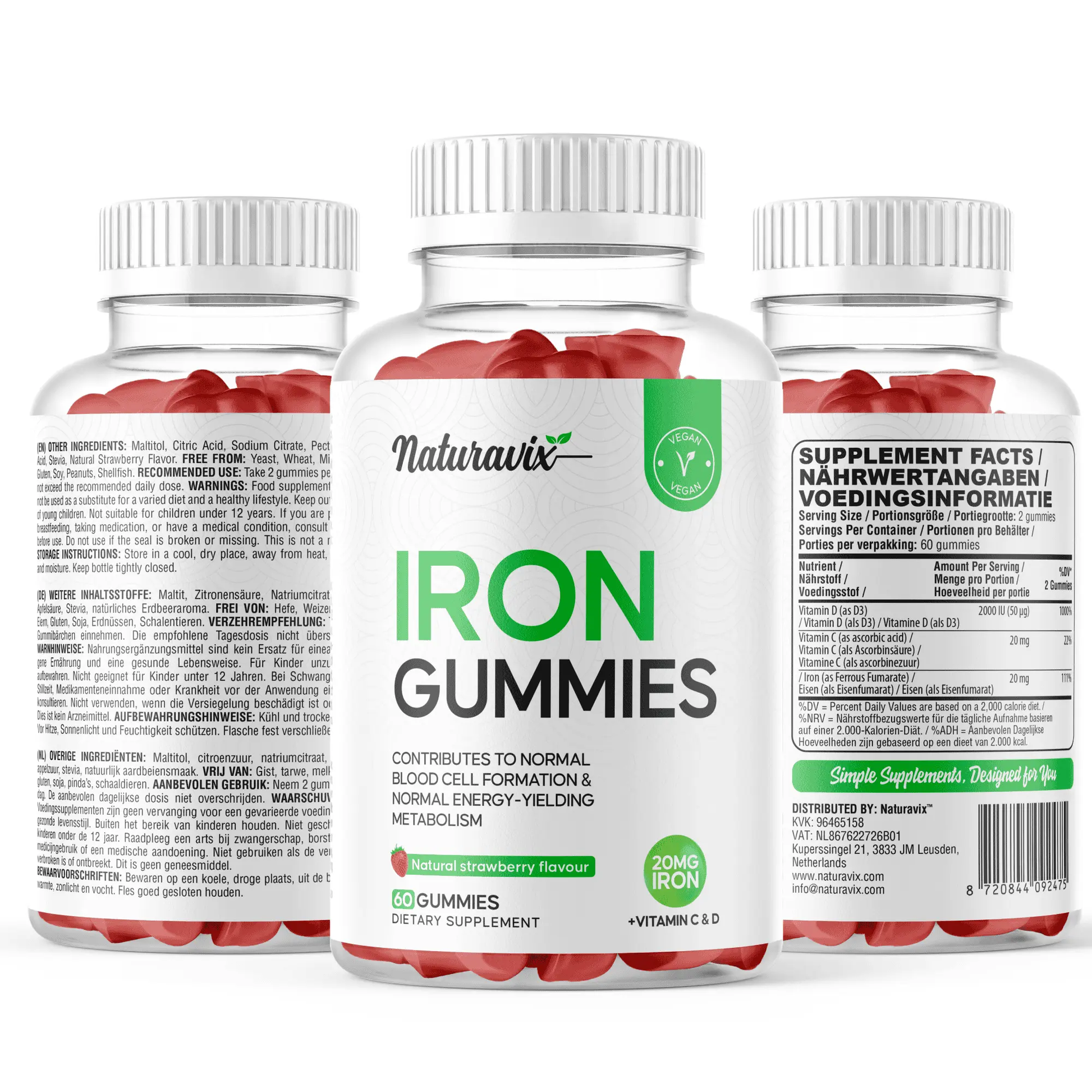 Naturavix™ Iron Gummies – 20mg Elemental Iron per Serving – Vegan – 60 Gummies Naturavix
