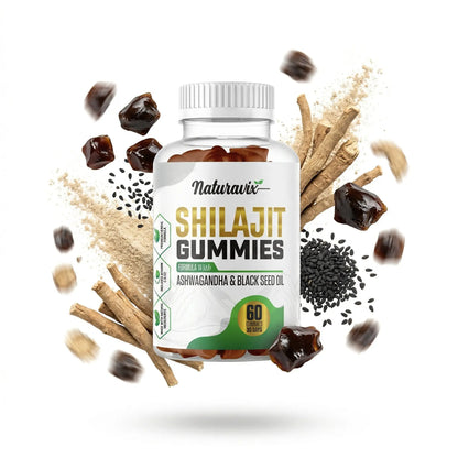 Naturavix Shilajit Gummies bottle with ingredients on a white background